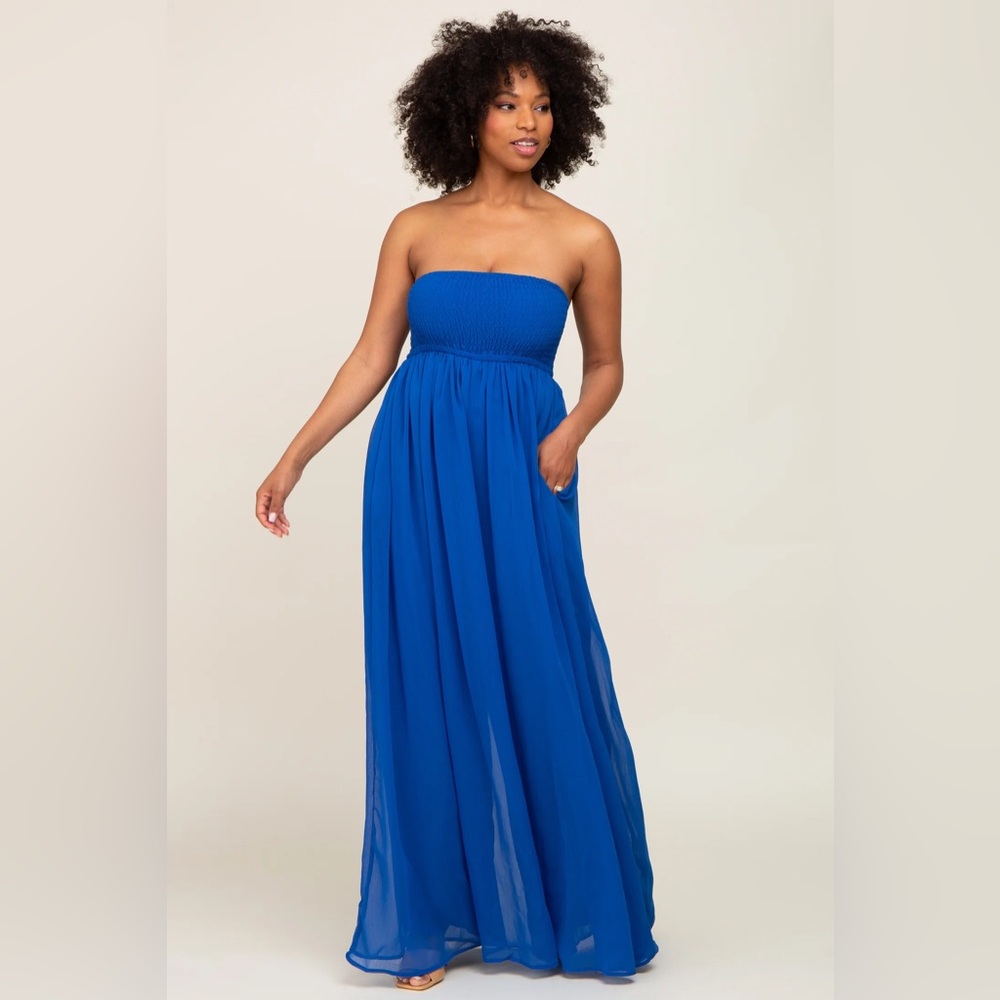 Pinkblush Royal Blue Strapless Wide Leg Jumpsuit Maternity NWT